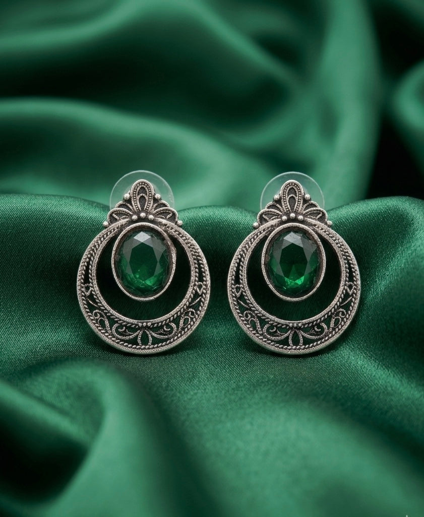 Vintage-Inspired Oxidized Silver Circular Studs with Emerald Green Stones
