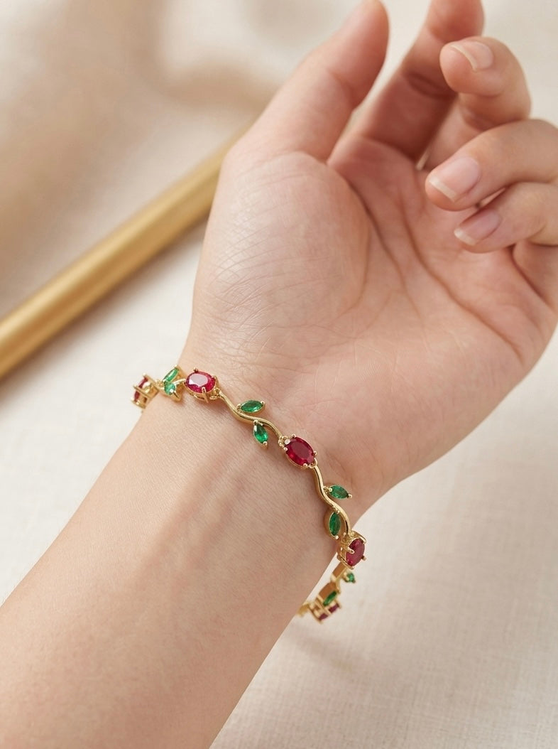 Enchanted Tulip Vine Bracelet – Ruby & Emerald-Toned Stone Gold-Plated Bracelet
