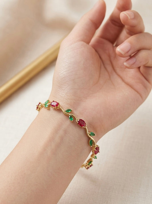 Enchanted Tulip Vine Bracelet – Ruby & Emerald-Toned Stone Gold-Plated Bracelet