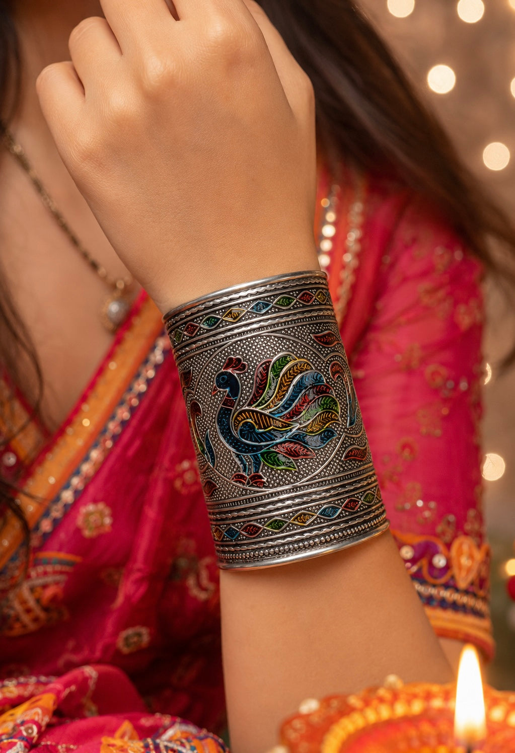 Peacock Meenakari Cuff Bracelet | Hand-Painted Tribal Statement