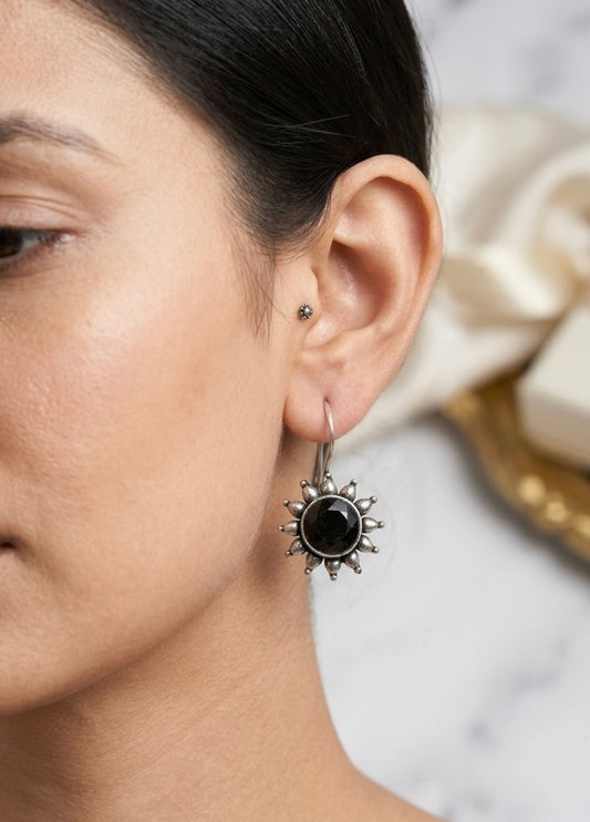 Oxidised Silver Tribal Sunburst Petite Drop Earrings with Pastel Accents
