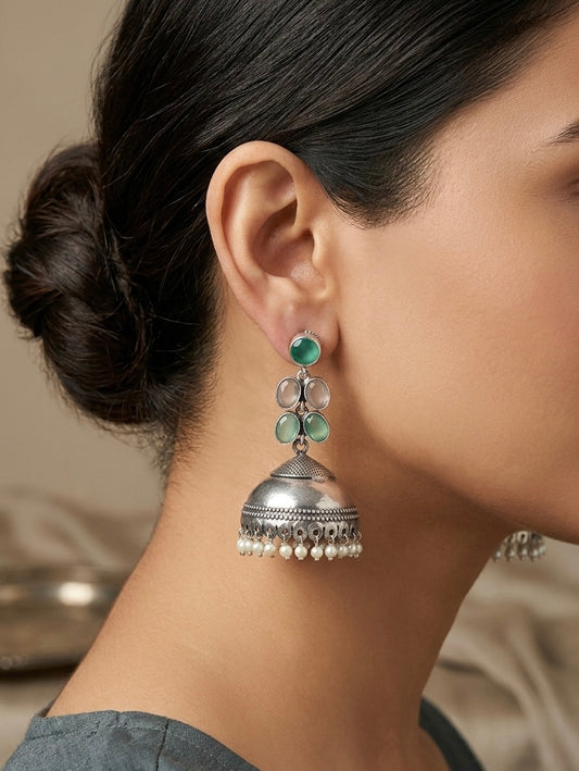 Antique Silver Mint & Rose Jhumkas | Oxidized Traditional Bell Dangles with Pearl Fringe