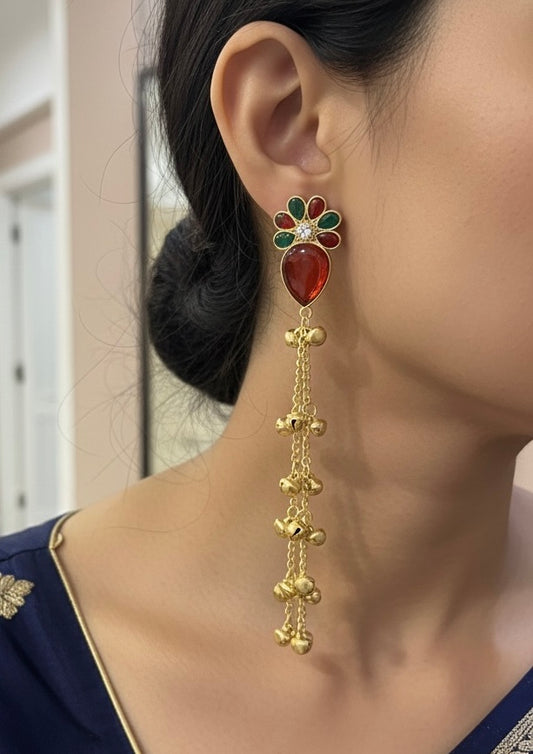 Elegant Short Length Kashmiri Jhumka Drops – Red & Green Stone Dangler Earrings