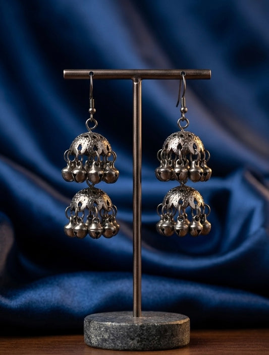 Antique Two-Tiered Jhumkas – Double Bell Boho Earrings with Ghungroo Fringe