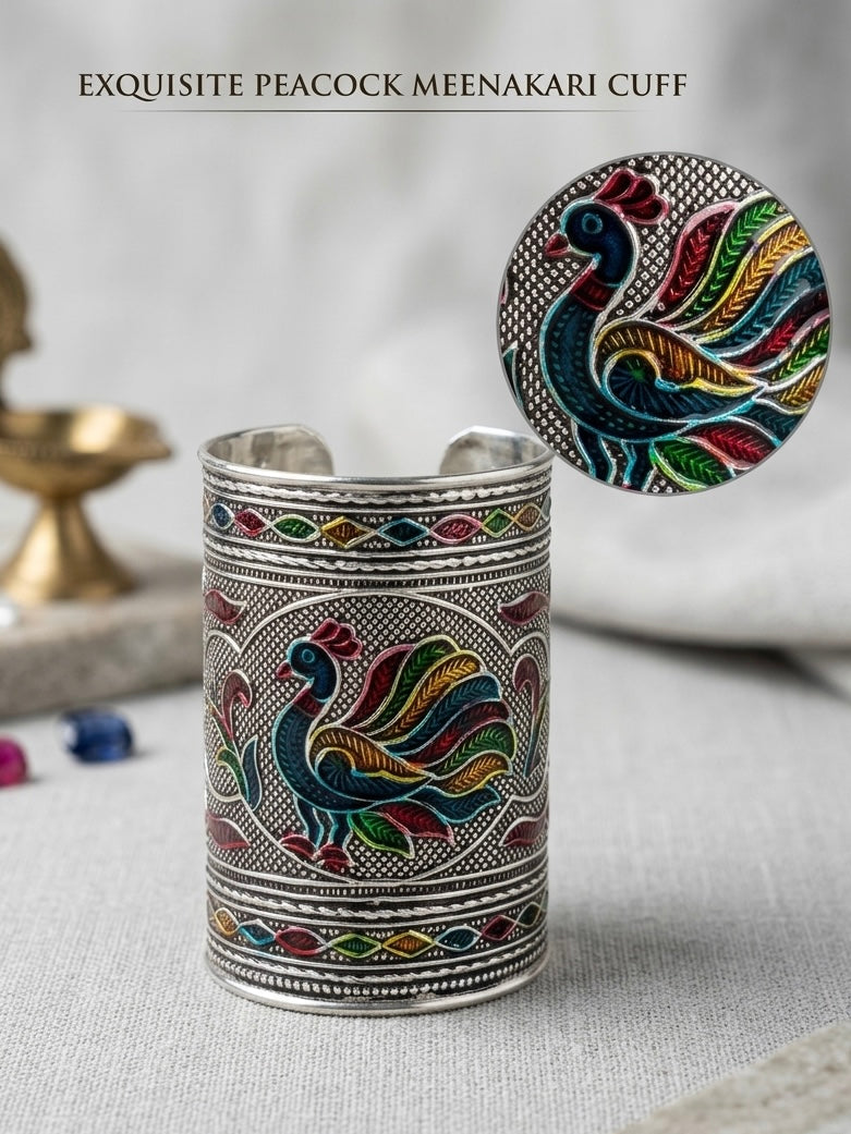 Peacock Meenakari Cuff Bracelet | Hand-Painted Tribal Statement