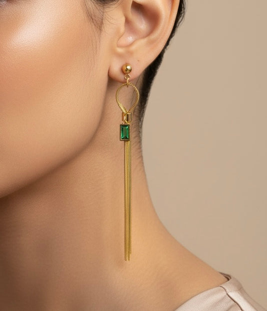 Emerald Baguette Loop Earrings – Sleek Gold Serpent Chain Dangles