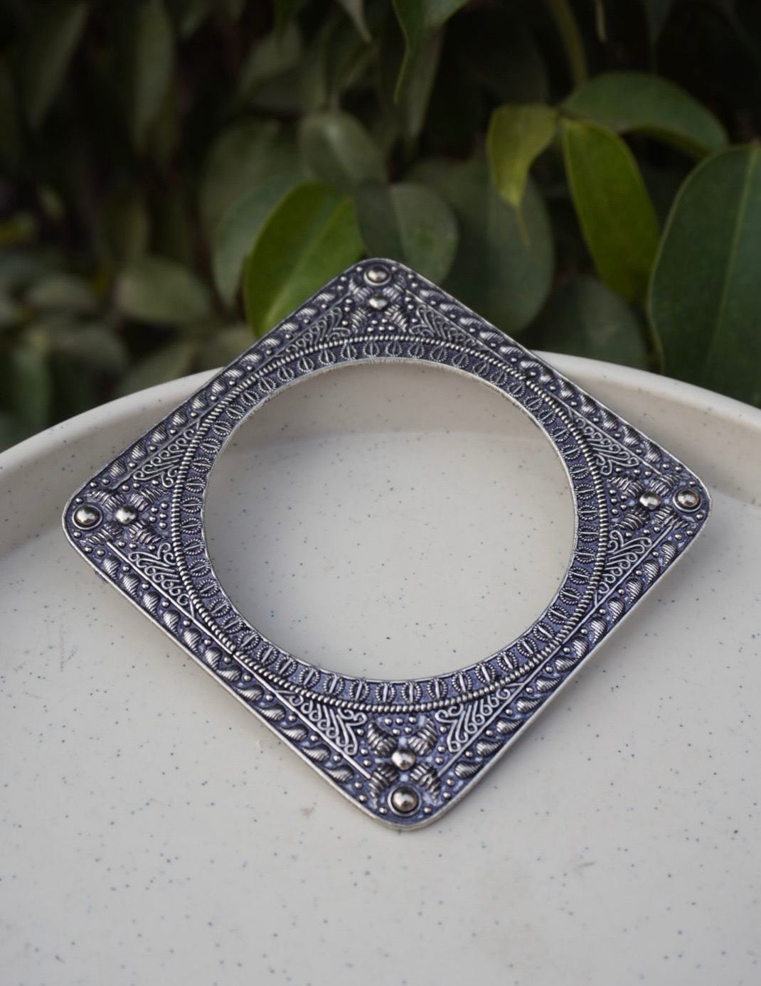 Architectural Square Thin Sleek Kada – Oxidized Silver Geometric Bangle with Intricate Tribal Engravings