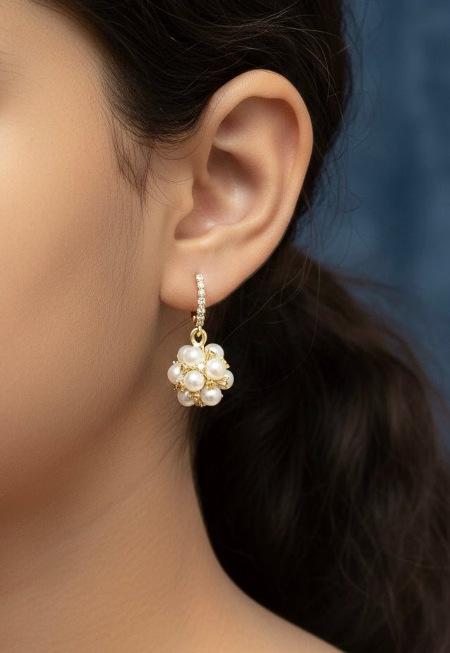 Pearl Cluster Ball Drop Earrings with Crystal Hook – Elegant Gold Finish
