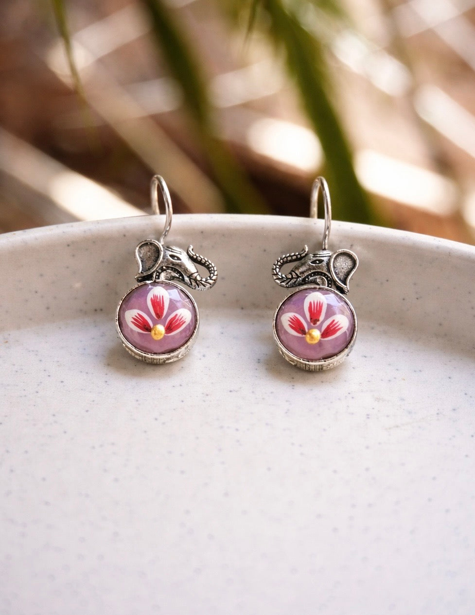 Silver-Tone Elephant & Floral Meenakari Drop Earrings