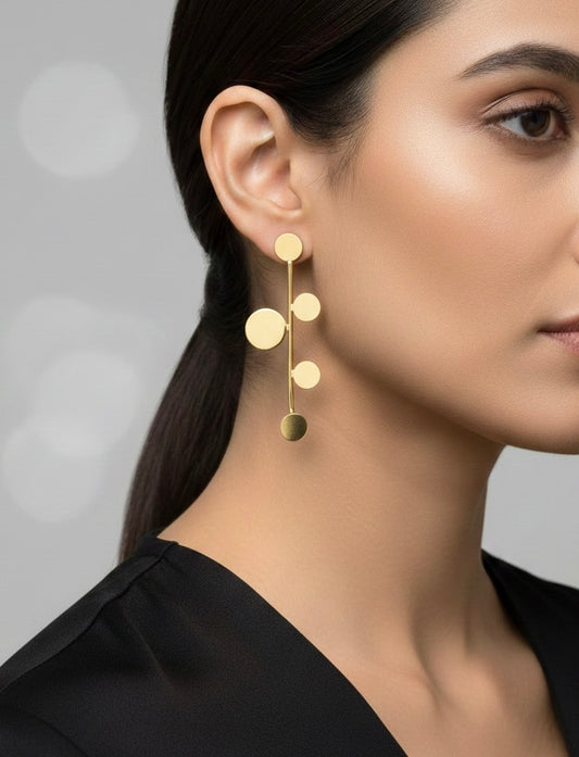 Solar Path Brass Earring – Modernist Multi-Orb Vertical Drop