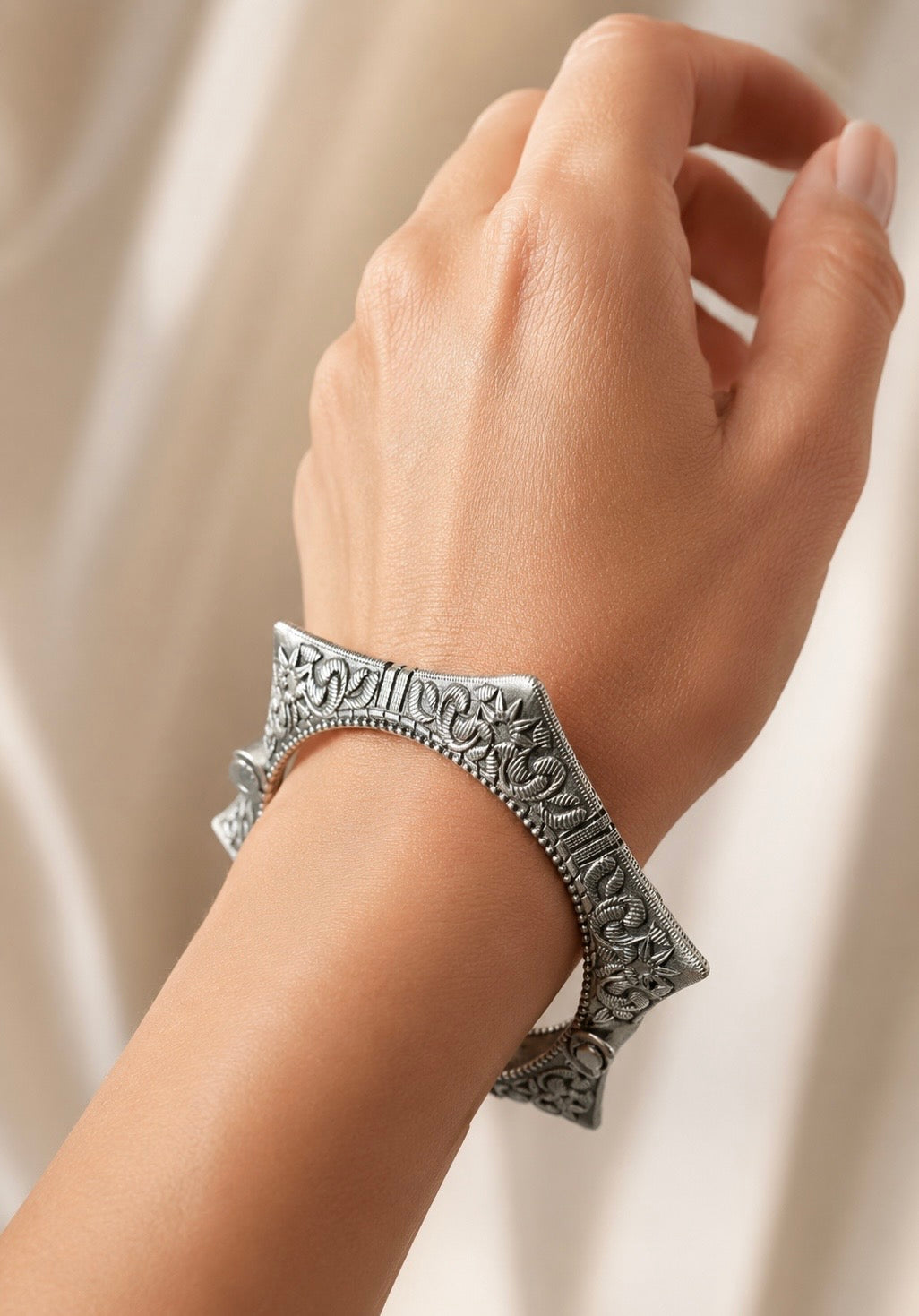 Artisanal Hexagonal Kada – Oxidized Silver Geometric Statement Bangle with Intricate Floral Engravings