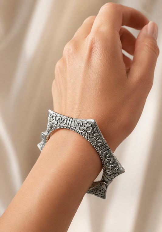 Artisanal Hexagonal Kada – Oxidized Silver Geometric Statement Bangle with Intricate Floral Engravings