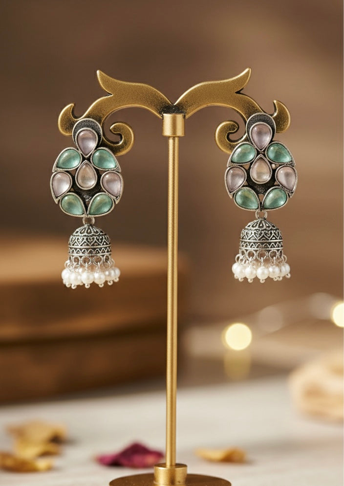 Pastel Harmony Silver-Toned Jhumka Earrings with Quartz Accents