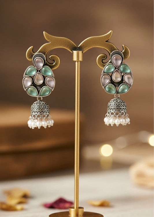 Pastel Harmony Silver-Toned Jhumka Earrings with Quartz Accents