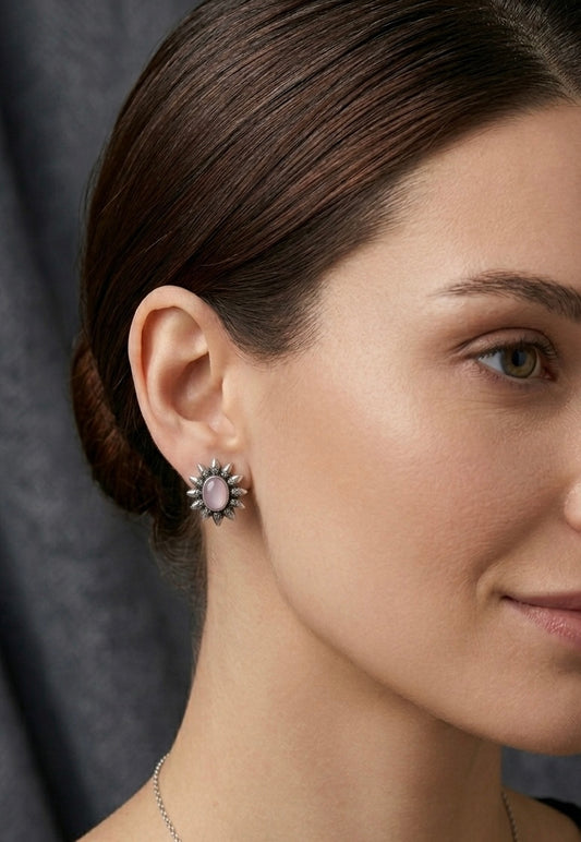 Oxidized Silver Stone Studs | Tribal Sunburst Petite Earrings with Pastel Accents