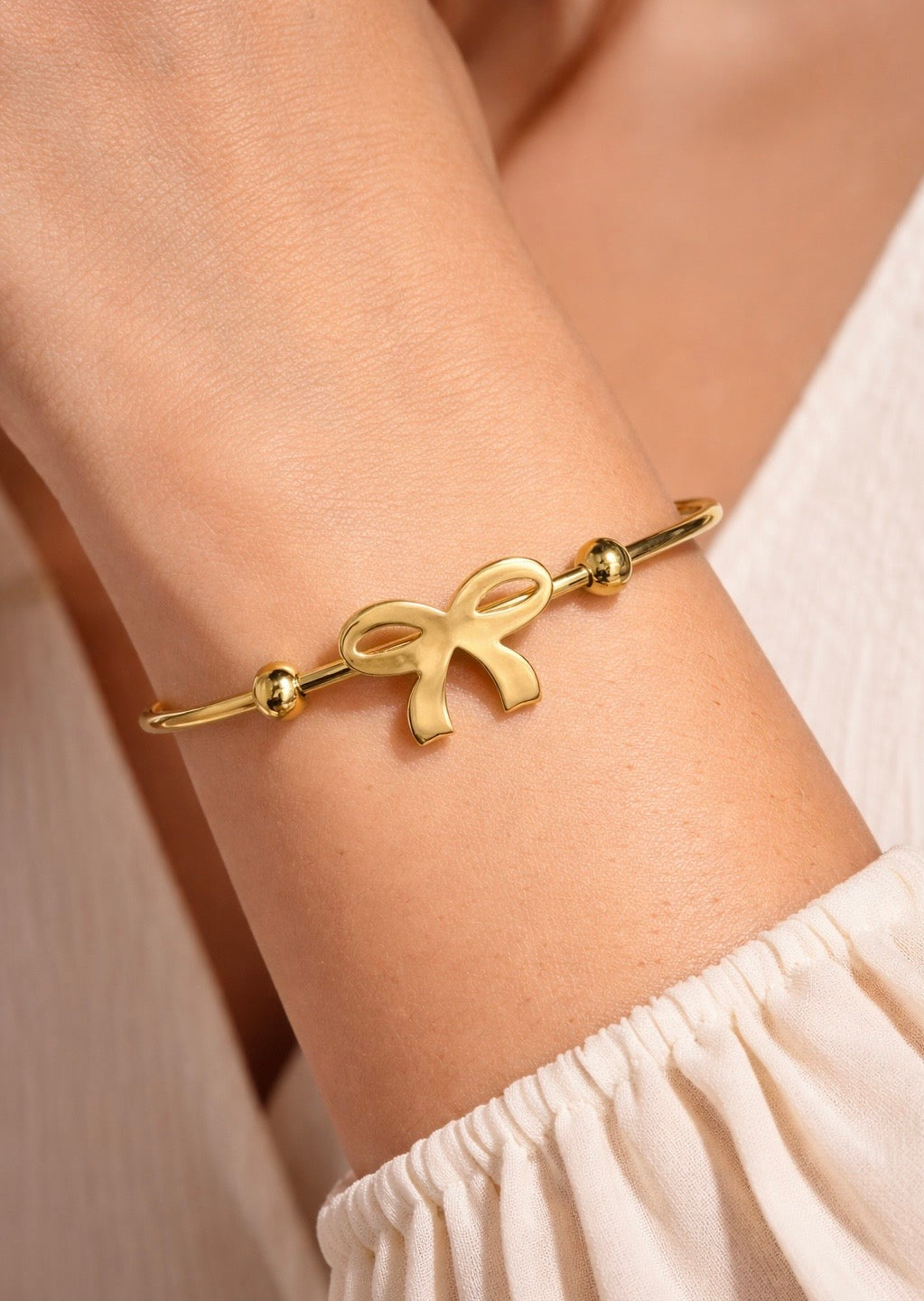 Baby Size Gold Bow Open Cuff Bracelet | Minimalist High-Polish Ribbon Bangle with Bead Accents