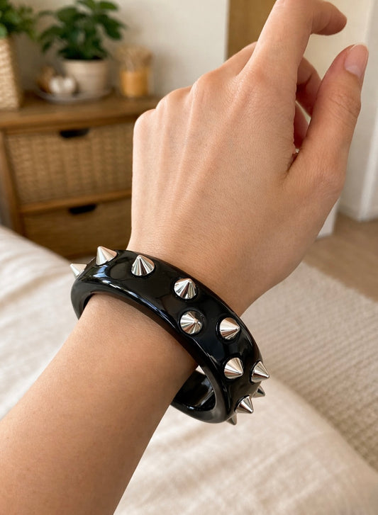 Midnight Rebellion Studded Bangle | Glossy Black Punk-Rock Spiked Bracelet