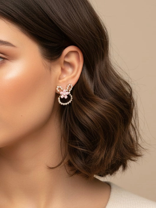 Pearl Bunny Rabbit Stud Earrings with Pink Flower Accent