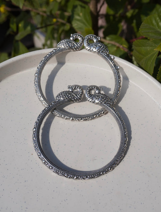 Antique Oxidized Silver Peacock Kada Bangle Set - Handcrafted Tribal Bracelet