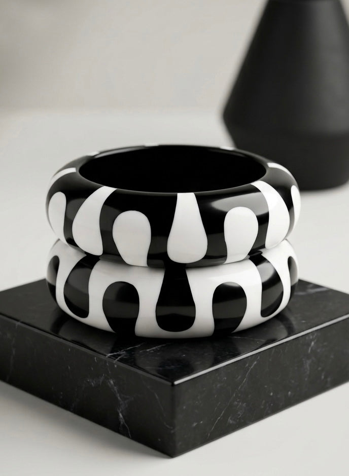 Monochrome Wave Chunky Resin Bangle Set | Black & White Striped Sculptural Cuffs (Set of 2)