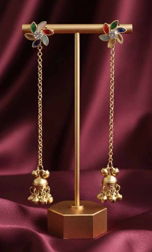 Multicolor Floral Top Kashmiri Chain Earrings – Traditional Lightweight Jhumki Design