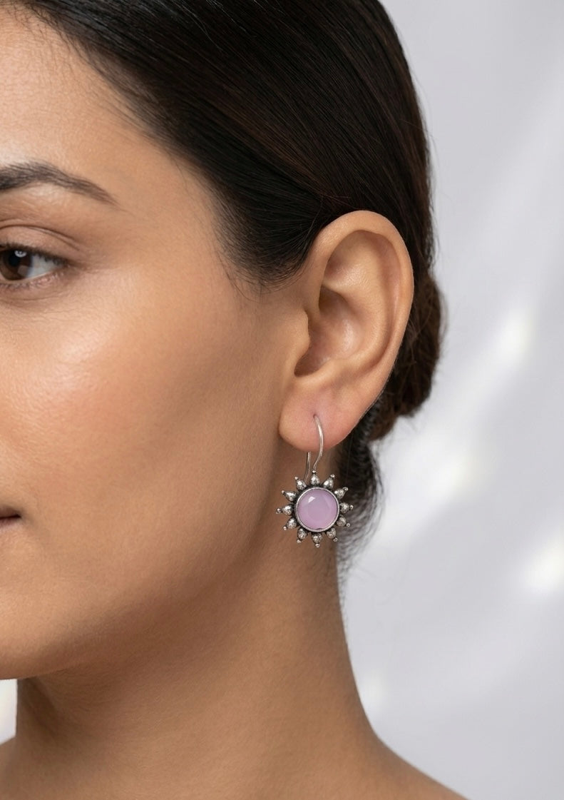 Oxidised Silver Tribal Sunburst Petite Drop Earrings with Pastel Accents