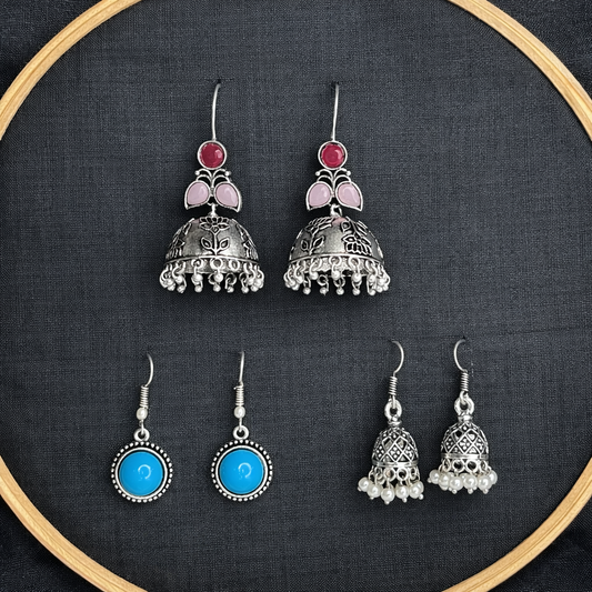 Ethnic Elegance Trio – Oxidized Silver Jhumka, Turquoise Drops, and Pearl mini Jhumki
