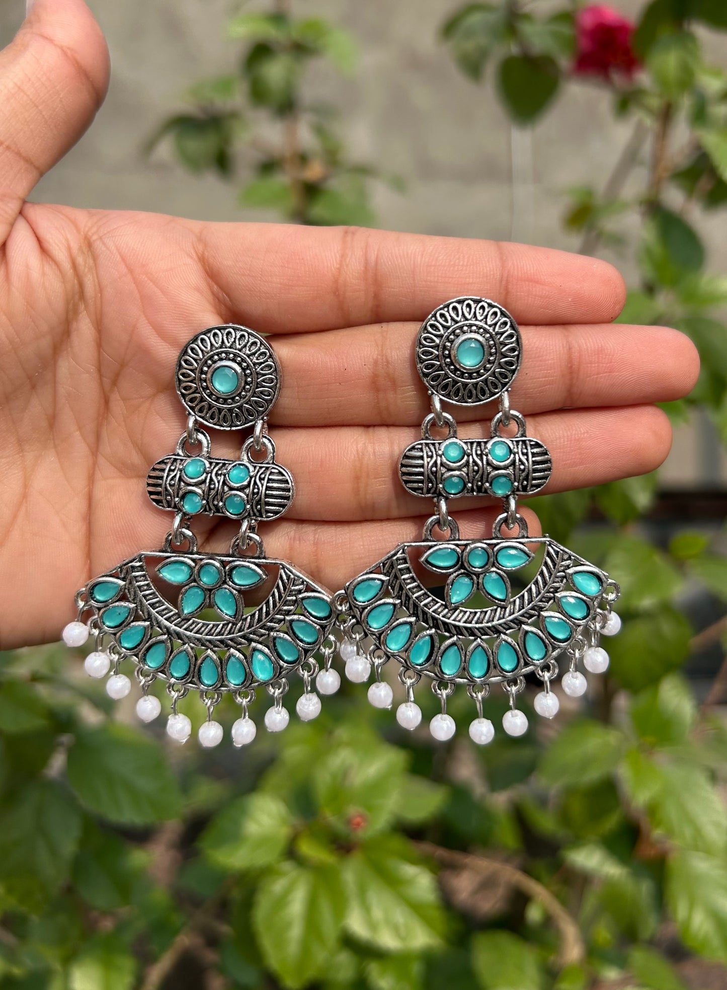 Antique Silver Oxidized Chandbali Earrings with Pearl Drops