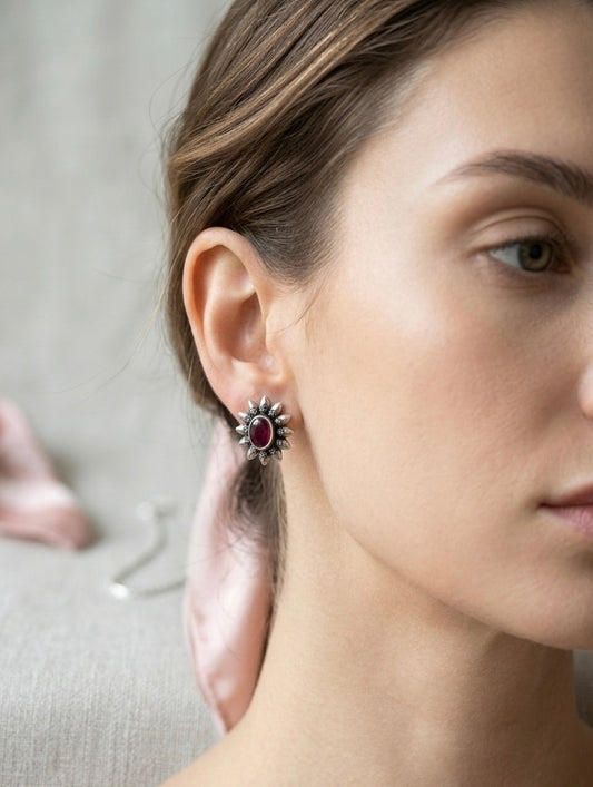 Oxidized Silver Stone Studs | Tribal Sunburst Petite Earrings with Pastel Accents