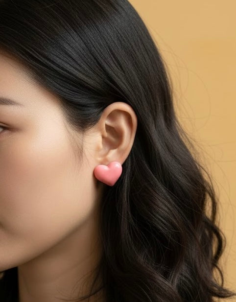 3D Matte Pink Heart Stud Earrings