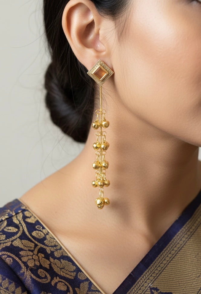Golden Cascade Kashmiri Drop Earrings with Ghungroo Detailing
