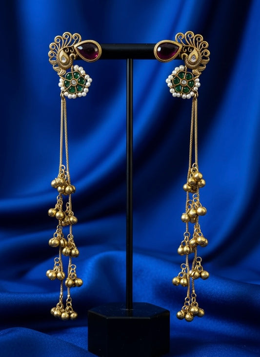 Traditional Kashmiri Long Jhumka Earrings | Antique Gold Peacock Design | Festive Ethnic Statement Jewelry