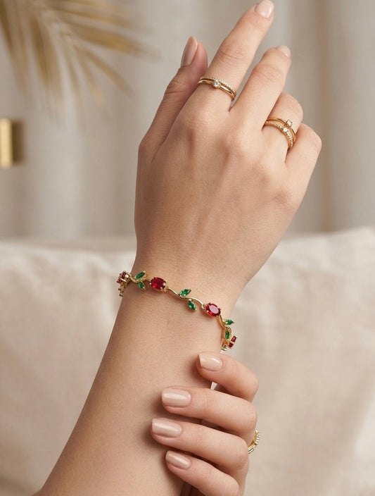 Enchanted Tulip Vine Bracelet – Ruby & Emerald-Toned Stone Gold-Plated Bracelet