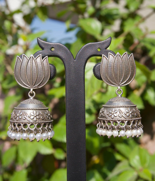 Lotus Bloom Silver Jhumka Earrings with Pearl Drops