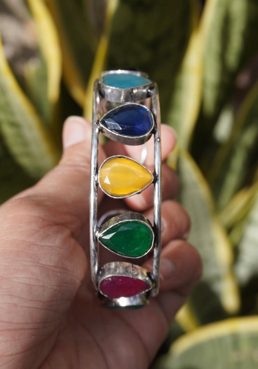 Teardrop Open Cuff – Multi-Color Jewel Stone Split Band Bangle in Textured Silver