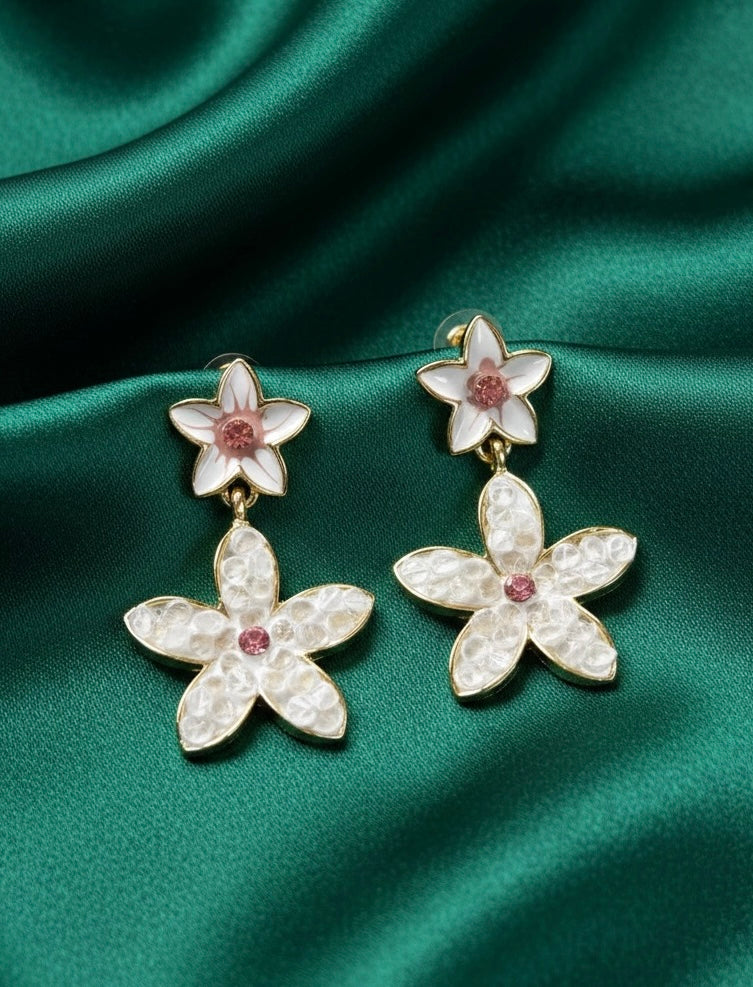 Double Blossom Flower Drop Earrings | Enamel White Petals & Pink Crystal