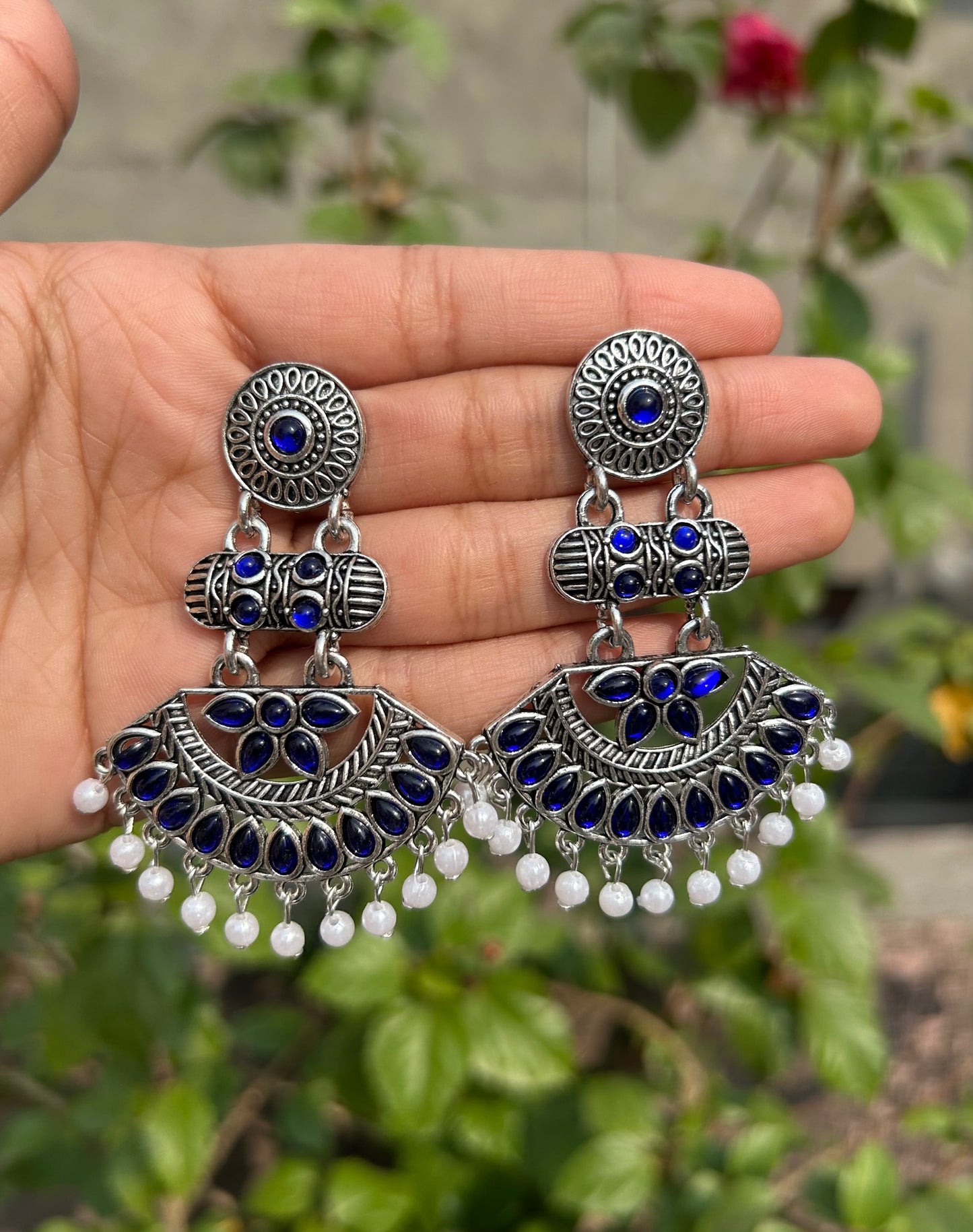 Antique Silver Oxidized Chandbali Earrings with Pearl Drops