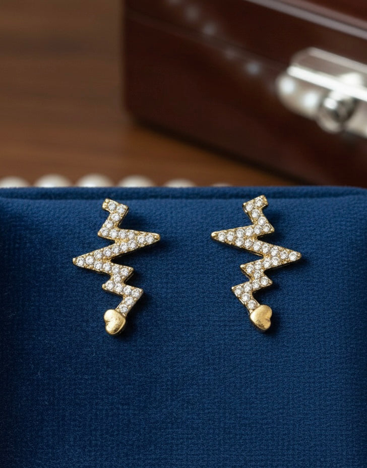Sparkling Gold Heartbeat Stud Earrings
