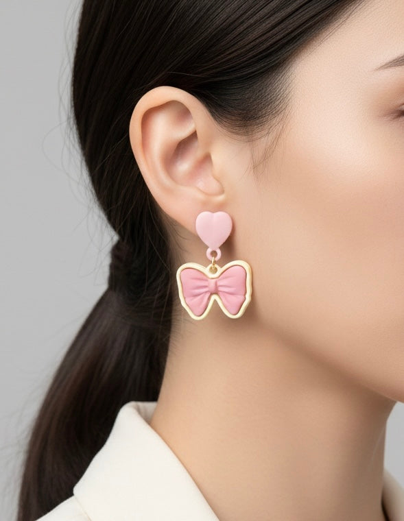 Pink Heart & Bow Drop Earrings – Sweetheart Aesthetic