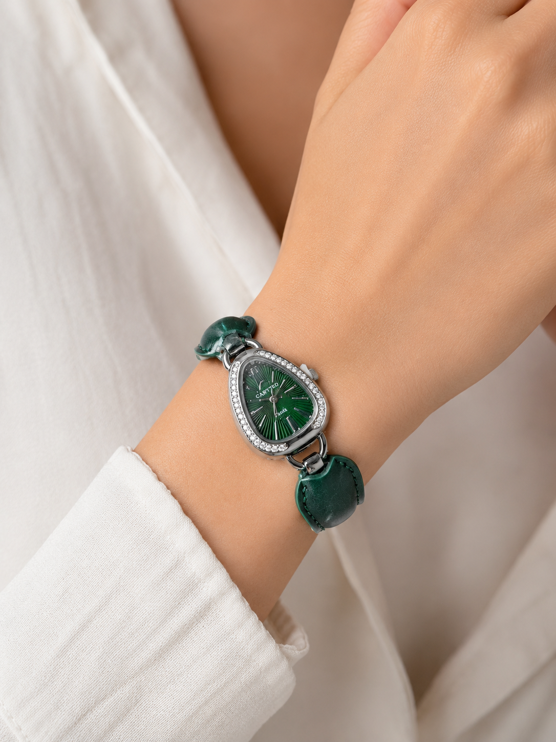 Emerald Green Teardrop Serpent Watch | Forest Green Leatherette Timepiece