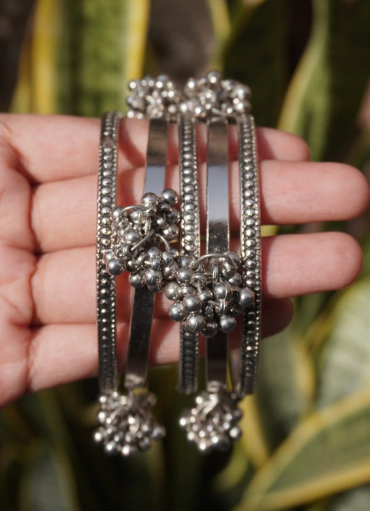 Layered Ghungroo Bangle – Oxidized Silver Multi-Wire Statement Bracelet with Cluster Bells