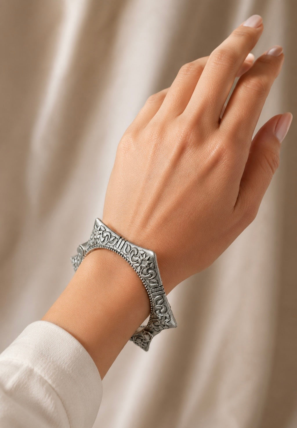 Artisanal Hexagonal Kada – Oxidized Silver Geometric Statement Bangle with Intricate Floral Engravings