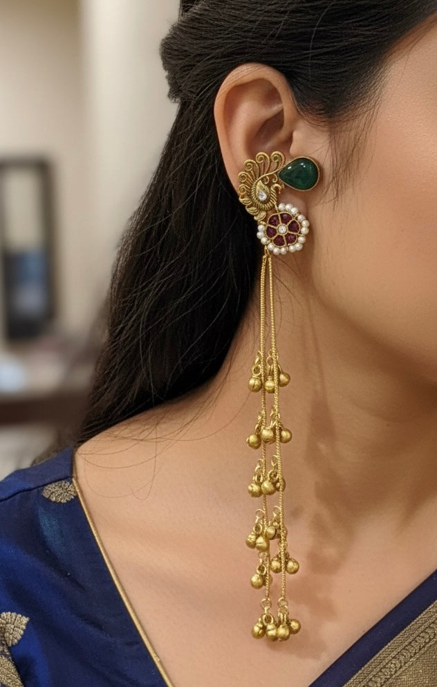 Traditional Kashmiri Long Jhumka Earrings | Antique Gold Peacock Design | Festive Ethnic Statement Jewelry
