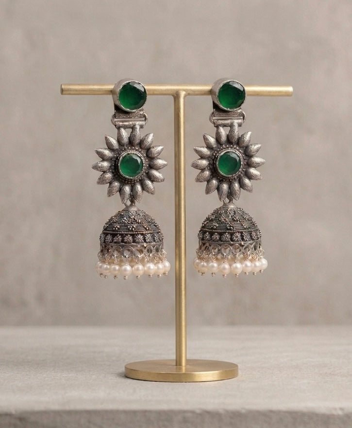 Green Stone Floral Jhumka Earrings with Pearl Droplets
