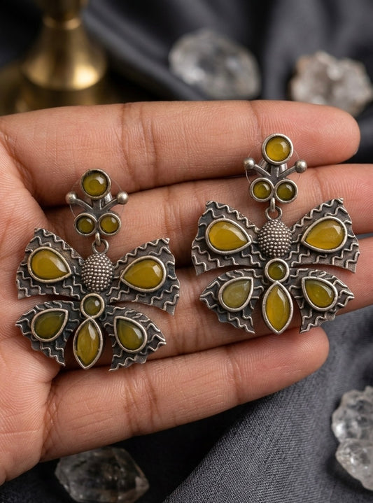 Oxidized Silver Sunburst Butterfly Earrings | Antique Tribal Dangles with Amber Stone Accents