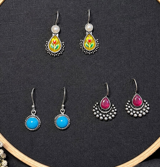 Vibrant Heritage Earring Trio – Hand-Painted Meenakari & Colorful Stone Drop Set