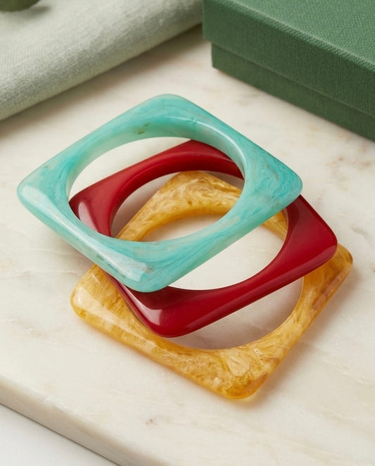 Retro Color-Block Square Resin Bangle Set | Marbled Aqua, Cherry Red & Honey Amber Cuffs (Set of 3)