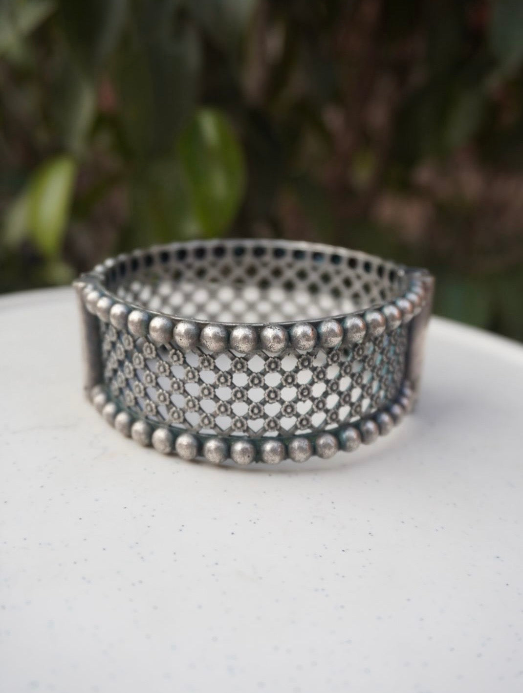 Artisanal Lattice Statement Bangle – Oxidized Silver Filigree Kada with Beaded Borders