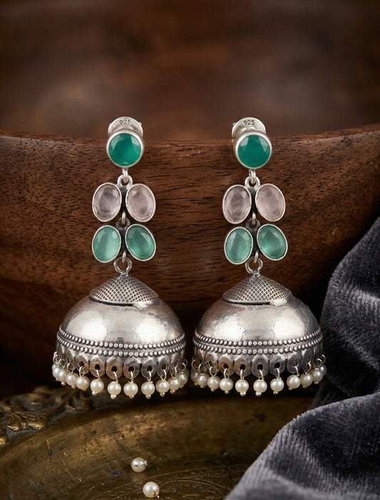 Antique Silver Mint & Rose Jhumkas | Oxidized Traditional Bell Dangles with Pearl Fringe
