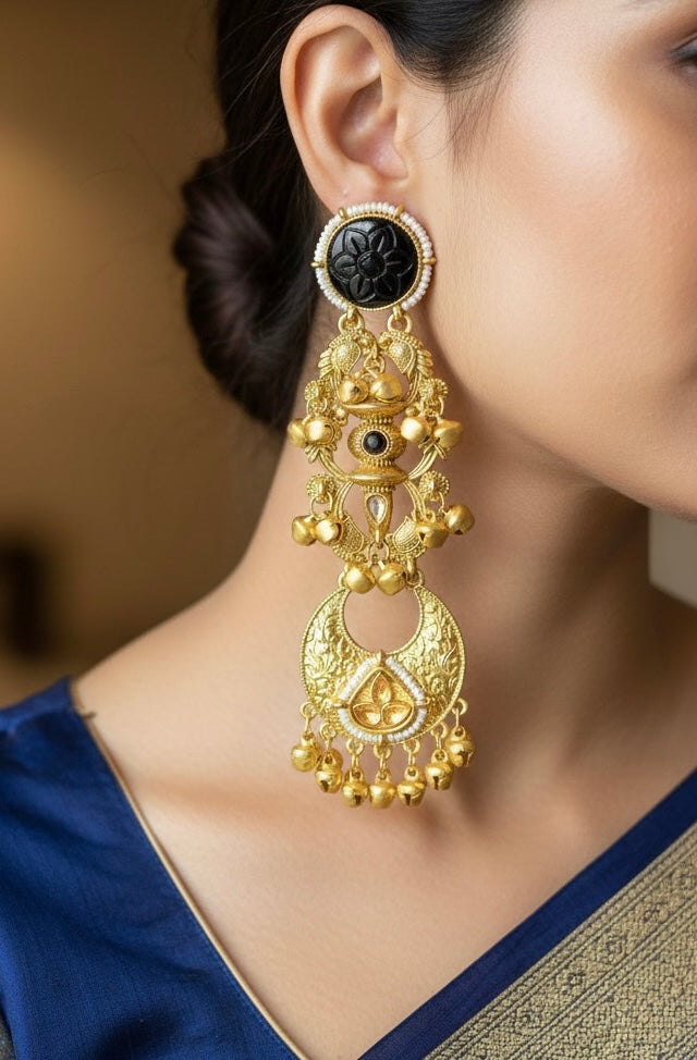 Royal Kashmiri Brass Temple Jhumka Earrings – Antique Gold Long Statement Earrings